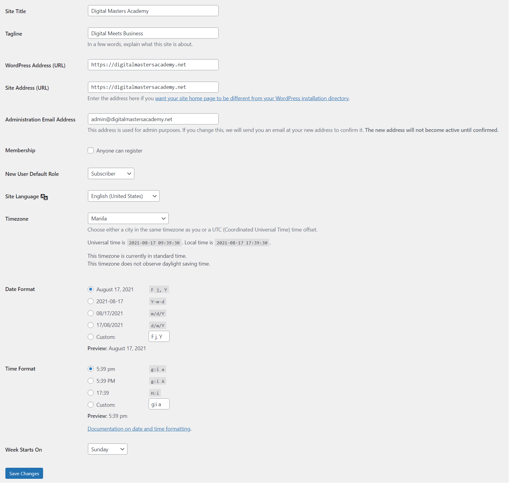 Wordpress Settings General