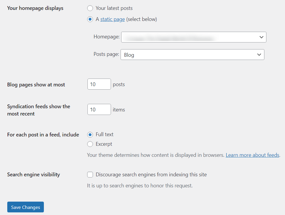 Wordpress Settings Reading