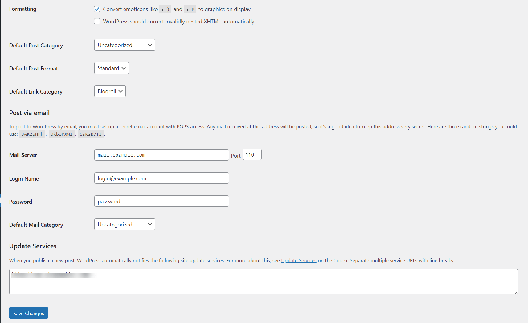 Wordpress Settings Writing